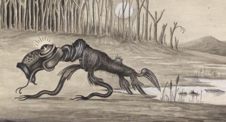 A drawing from 1935 of a bunyip emerging from the water