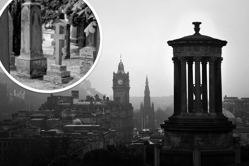 Spooky panoramic view of old Edinburgh and an inset of one of its graveyards