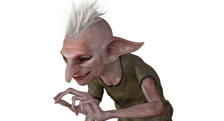 A cartoon image of a goblin like creature