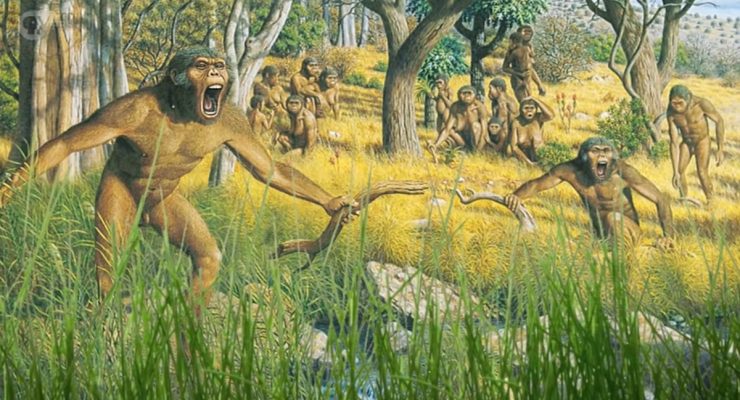 Cartoon image of early ape-like hominids