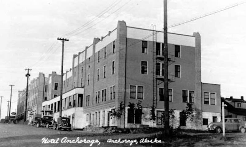 An old picture of the historic Anchorage Hotel in Alaska