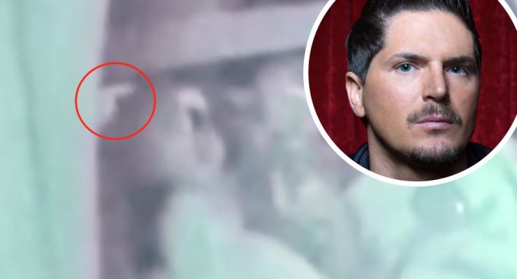 Zak Bagans and an inset of a doll's hand pointing from behind a curtain