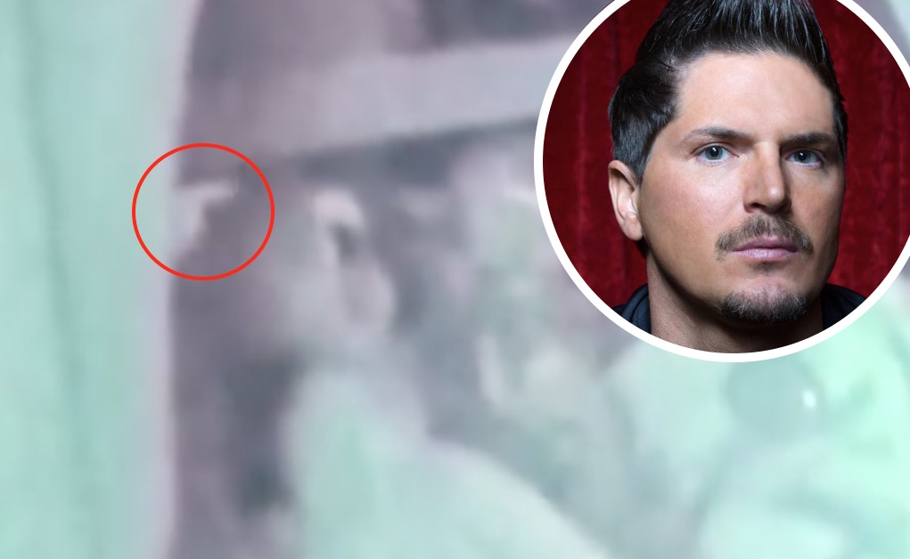 Zak Bagans and an inset of a doll's hand pointing from behind a curtain