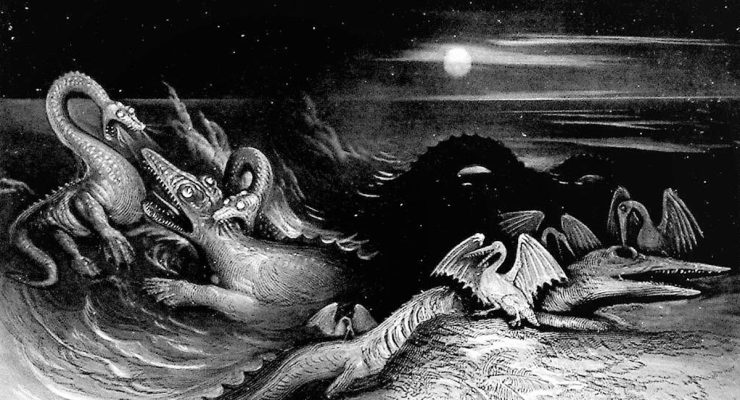 An artist's drawing of sea monsters