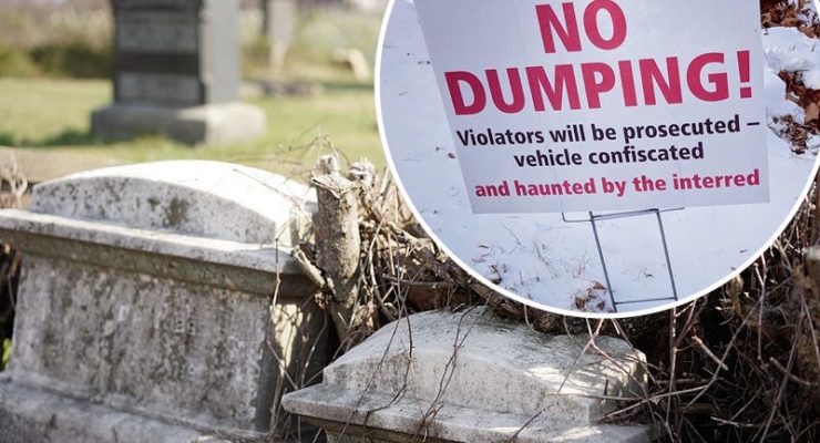 Mount Moriah Cemetery and 'no dumping' sign