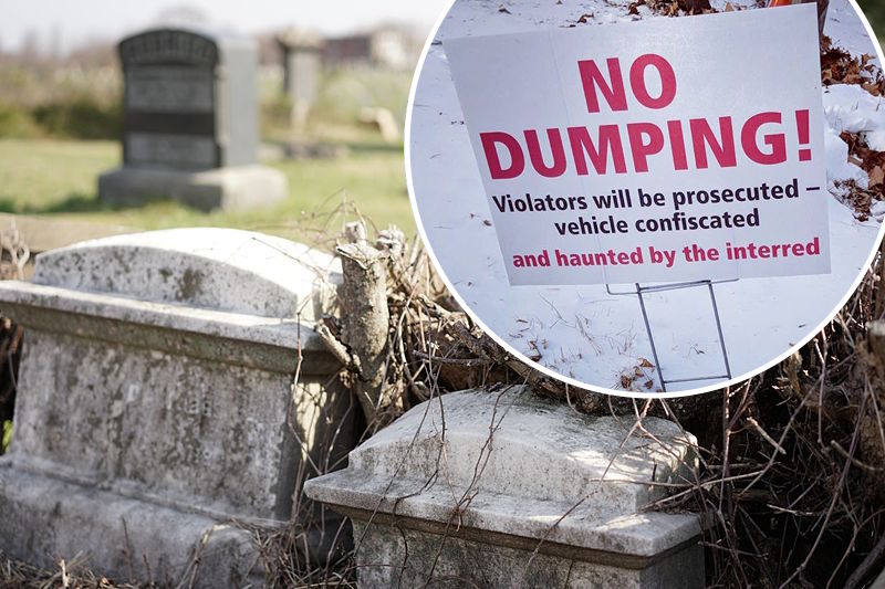 Mount Moriah Cemetery and 'no dumping' sign