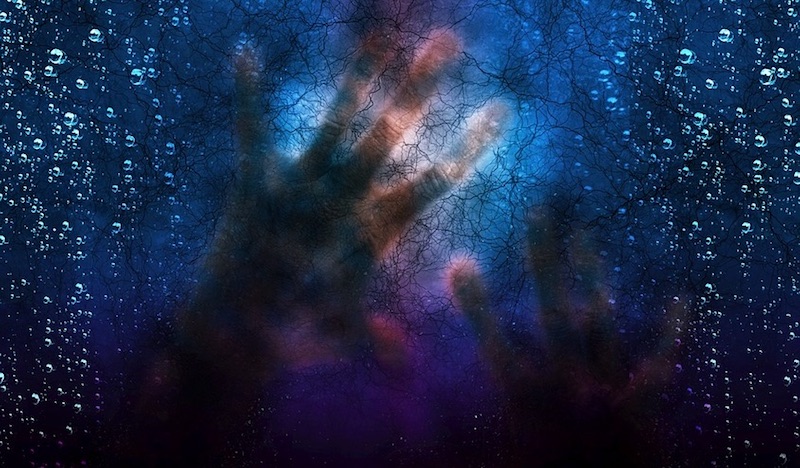 Artwork of red hands on blue surface