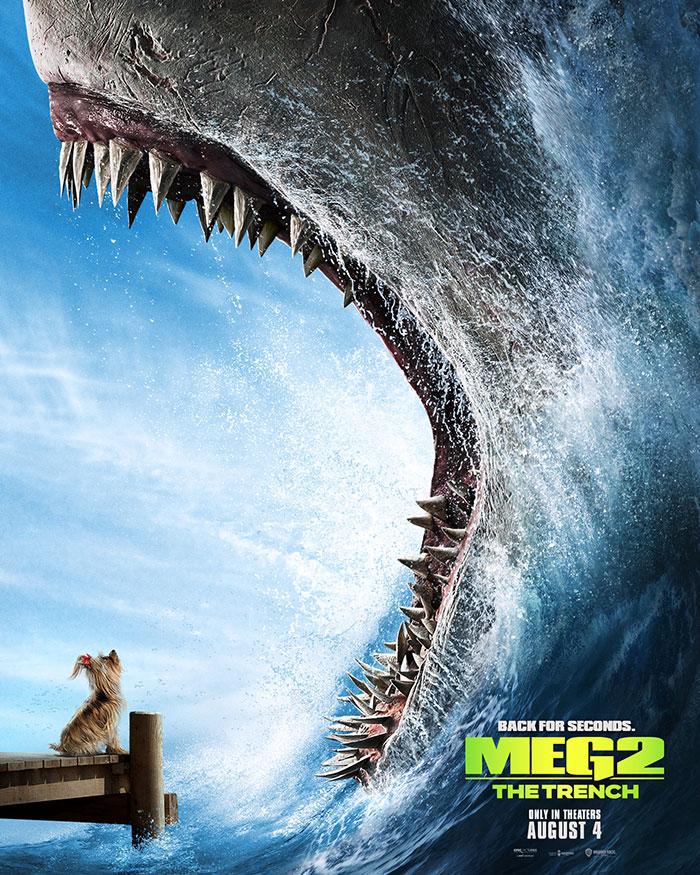 Meg 2 poster showing giant shark mouth about to eat dog on a pier.